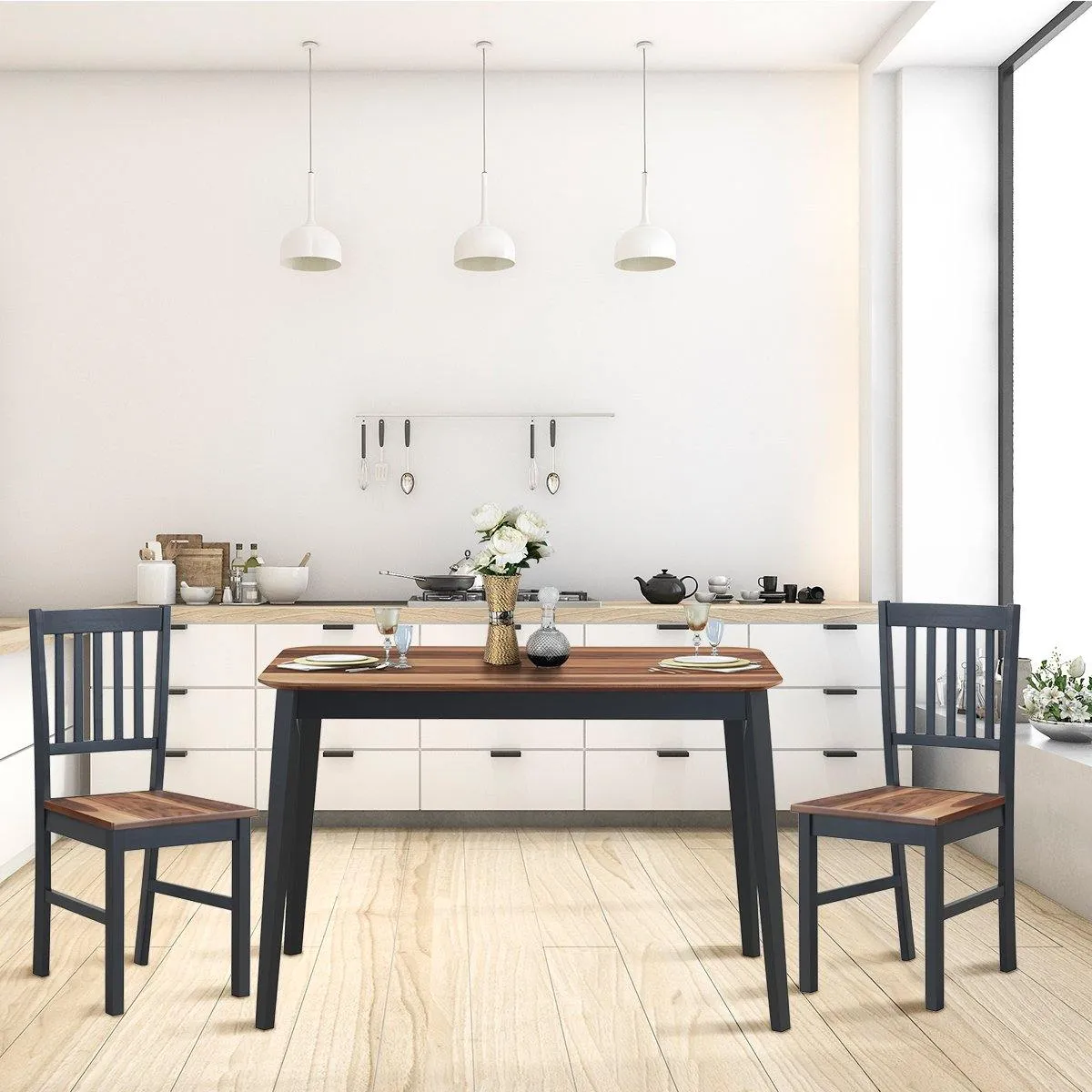 Wood Dining Table, Rectangular Kitchen Table (Walnut & Black)
