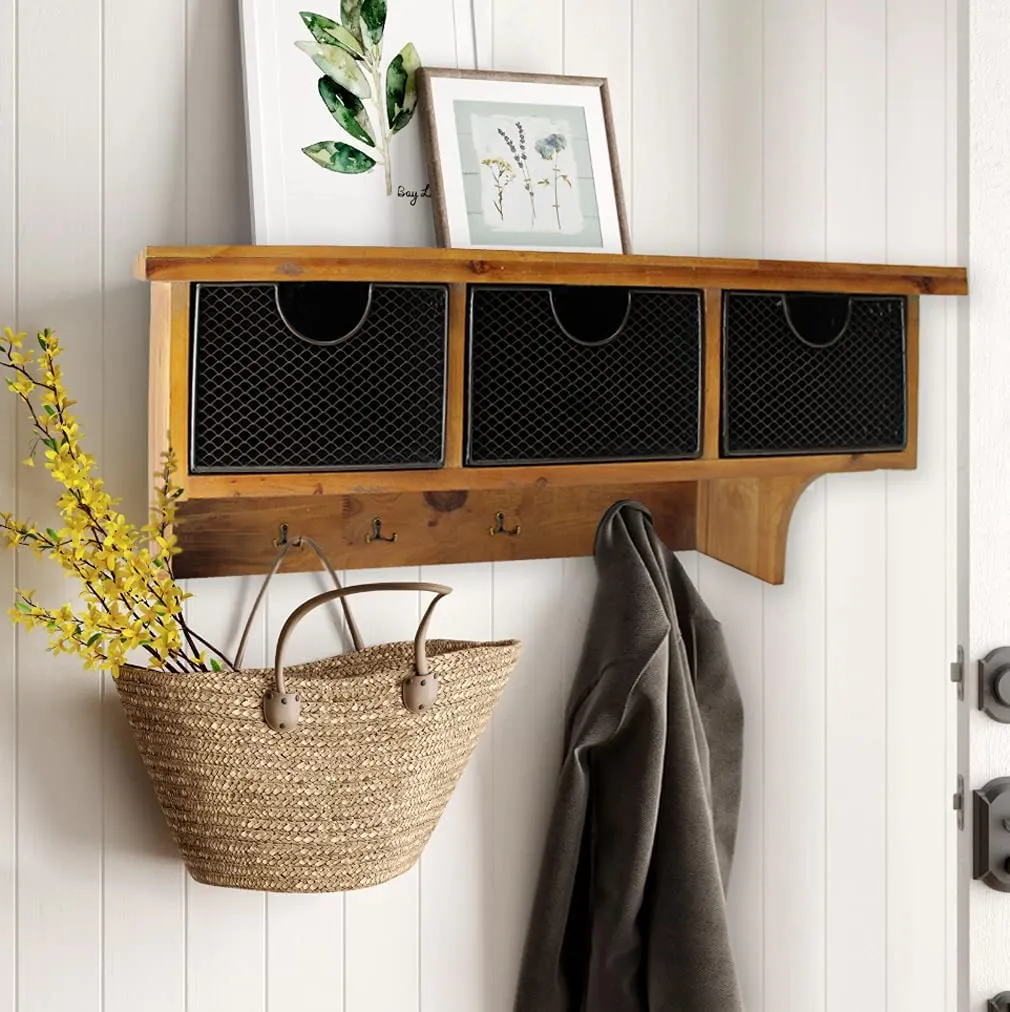 Wood Wall Shelf with Storage Basket Drawers & Hooks