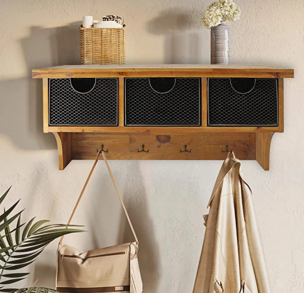 Wood Wall Shelf with Storage Basket Drawers & Hooks