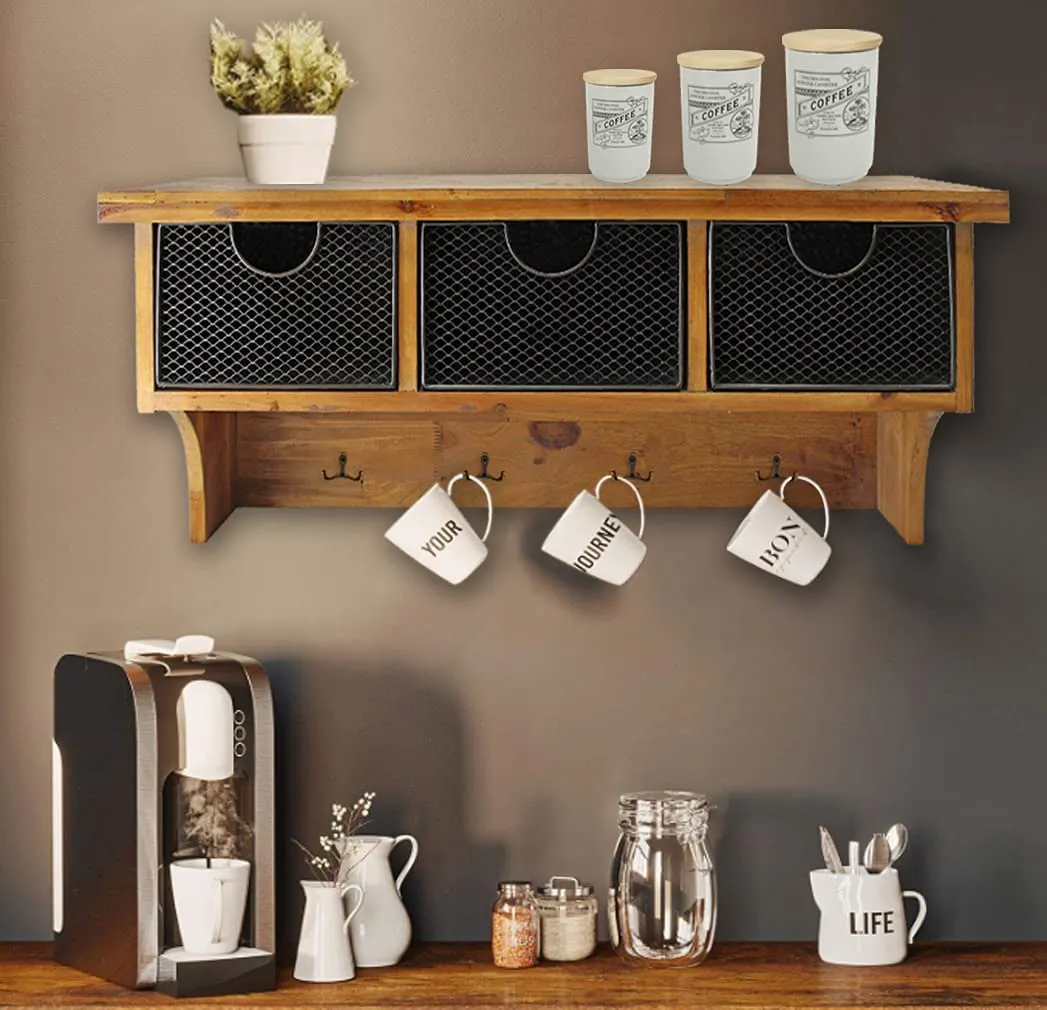 Wood Wall Shelf with Storage Basket Drawers & Hooks euro sham, pillow shams