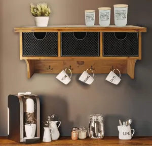 Wood Wall Shelf with Storage Basket Drawers & Hooks euro sham, pillow shams