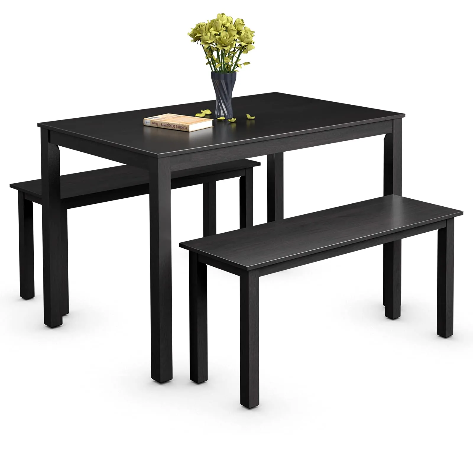 Wooden 3 Pcs Kitchen Dining Room Furniture for 4, Modern Studio Collection Table Set with 2 Benches, Dinette Set (Coffee Brown)