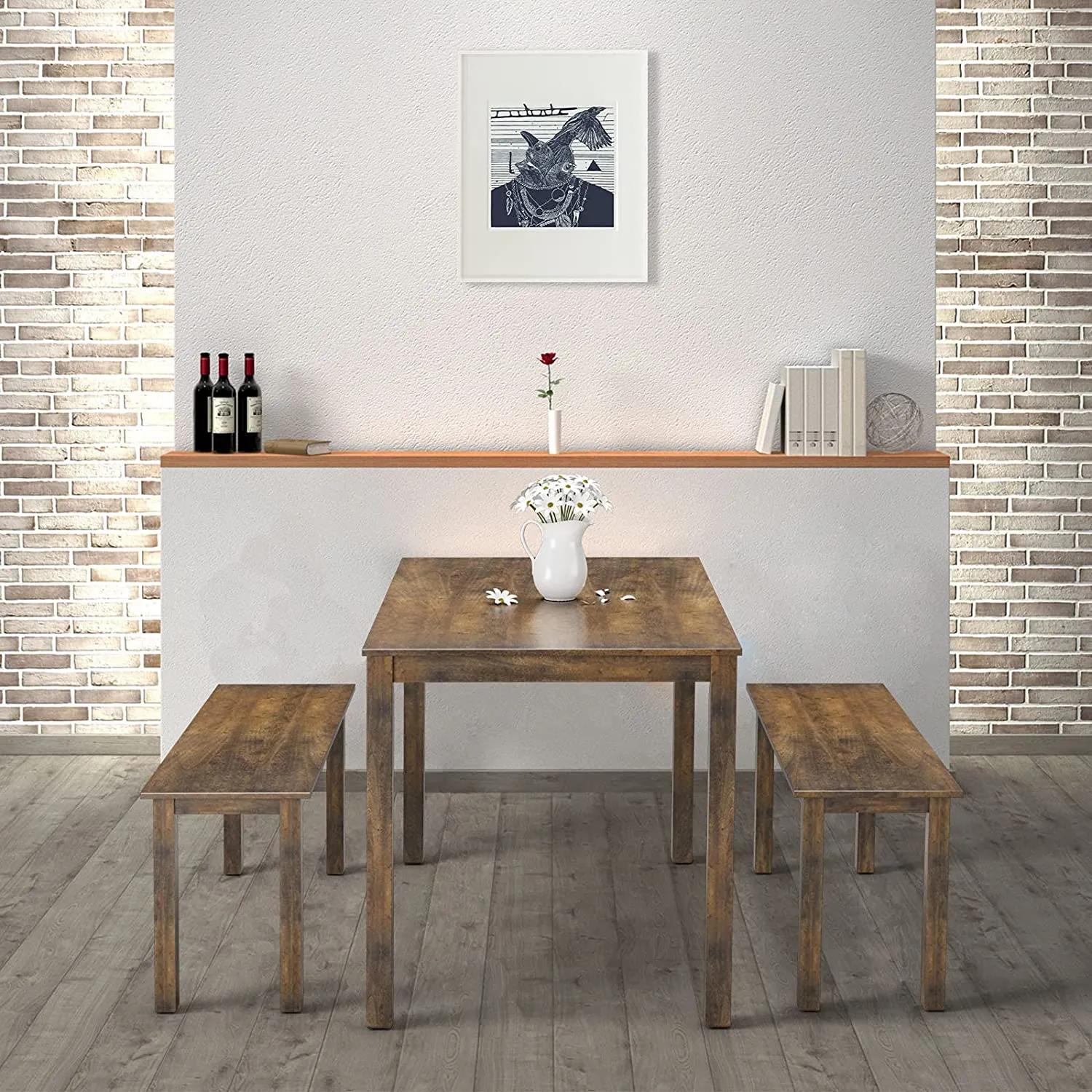 Wooden 3 Pcs Kitchen Dining Room Furniture for 4, Modern Studio Collection Table Set with 2 Benches, Dinette Set (Coffee Brown)